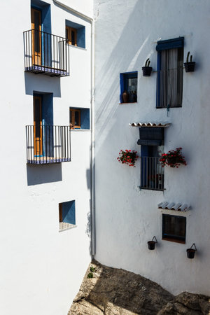 Windows decorated with flowers on the wall of a white facade. Vertical image.の写真素材