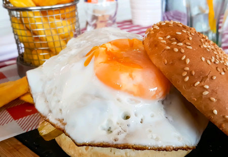 Delicious fried egg sandwich with french fries.の素材