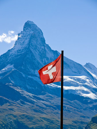 Swiss flag with the Matterhornの写真素材