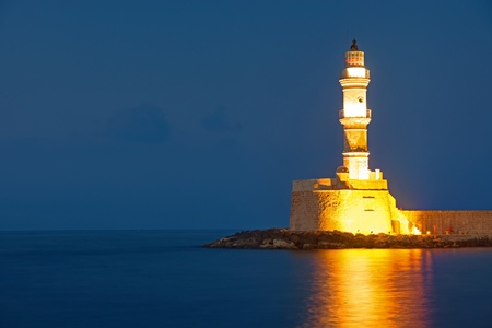 The lighthouse of Chania at nightの写真素材
