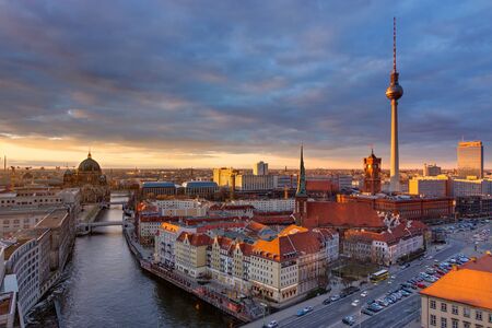 The center of Berlin with the famous television tower at sunsetの写真素材