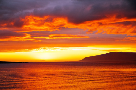 Summer sunset lake near Reykjavik in Icelandの写真素材