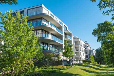 Modern apartment houses with garden lakes in Berlin, Germanyのeditorial素材