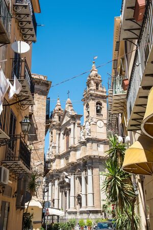 Small street and church seen in Palermo, Sicilyの写真素材