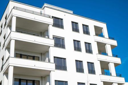 Detail of a white modern townhouse seen in Berlin, Germany