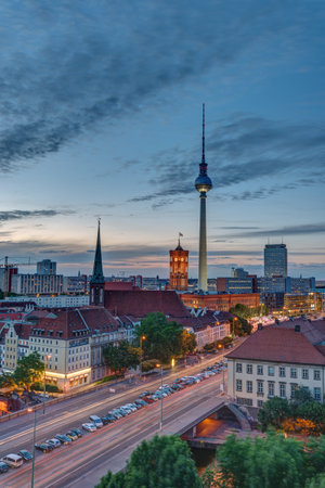 The famous Television Tower and downtown Berlin after sunsetのeditorial素材