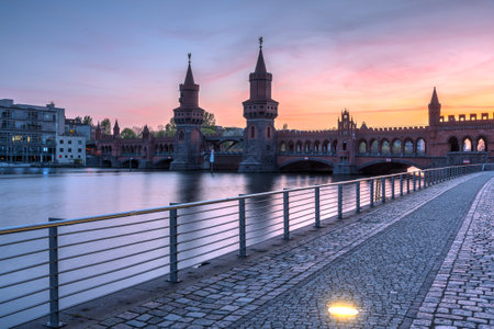 Beautiful sunset at the Oberbaumbridge in Berlin, Germanyの写真素材