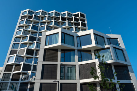 Facade of modern high-rise residential building in Munich, Germany