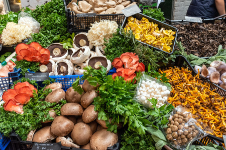 Mushrooms and herbs for sale at a market in Londonの写真素材