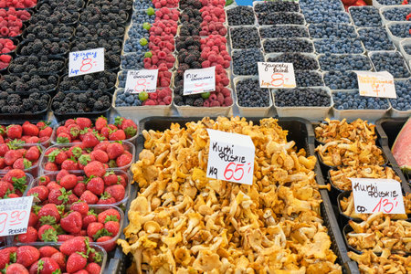 Chanterelles and different kinds of berries for sale at a marketの写真素材