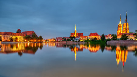 Panorama of Cathedral with St. John Cathedral in Wroclaw, Poland, at night
