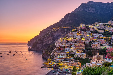 View of Positano on the italian Amalfi coast after sunset