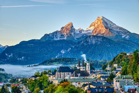Mount Watzmann and the city of Berchtesgaden in the Bavarian Alpsの写真素材