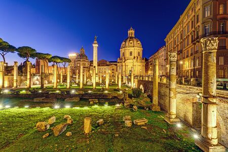 The ruins of the Trajan's Forum in Rome at nightの写真素材