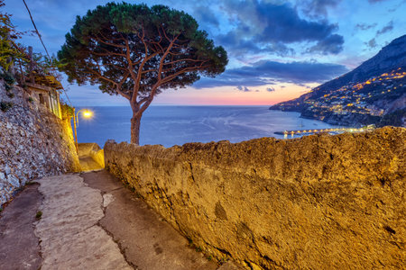 Small alleyway with a pine tree in Amalfi, Italy, at sunsetの写真素材