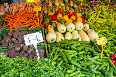 Great selection of vegetables for sale at a marketの写真素材
