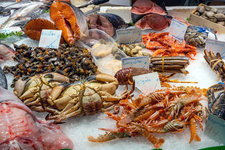 Crustaceans and seafood for sale at a marketの写真素材