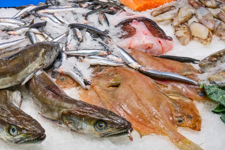 Fresh fish for sale seen at a market in Barcelona, Spain
