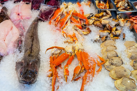 Fish, crustaceans and seafood for sale at a market in Bergen, Norwayの写真素材