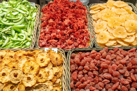 Dried fruits for sale at the Boqueria market in Barcelonaの写真素材