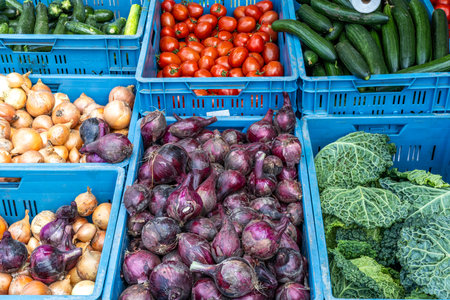 Onions, cabbage and other vegetables for sale at a marketの写真素材