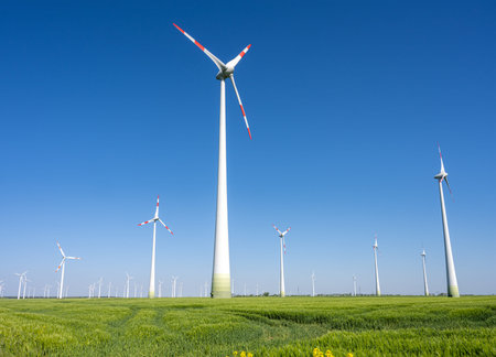 Modern wind turbines seen close to Berlin in Germany
