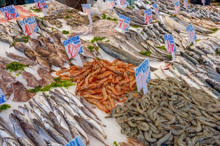 Fresh prawns and more fish and seafood for sale at a market in Naples, Italyの写真素材