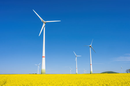 Wind turbines and a field of flowering rapeseed lakes in Germany