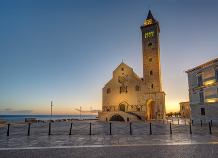 The Piazza Duomo with the famous cathedral in Trani at twilightの写真素材