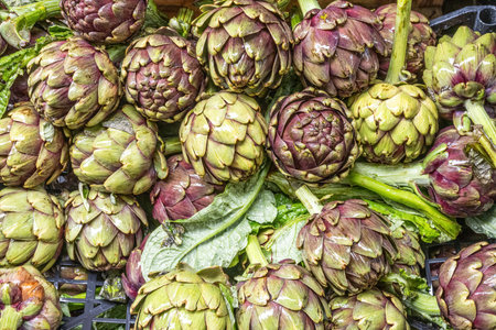A pile of artichokes for sale at a market in Naples, Italyの写真素材