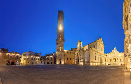 Panorama of the empty Piazza del Duomo in Lecce, Italy, at blue hourの写真素材
