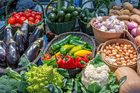 Market stall with a variety of vegetables seen in Barcelona, Spainの写真素材