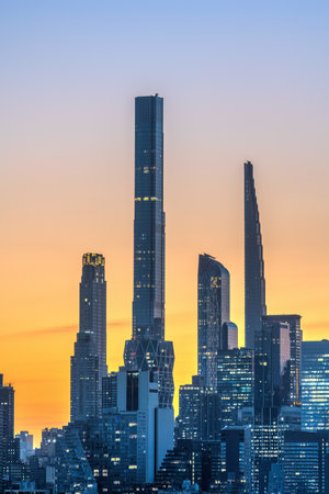 The skyline of Midtown Manhattan in New York before sunrise with the pencil towers of Billionaires Rowの写真素材