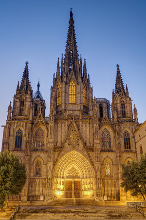 The main portal Barcelona Cathedral with no people at dawnの写真素材
