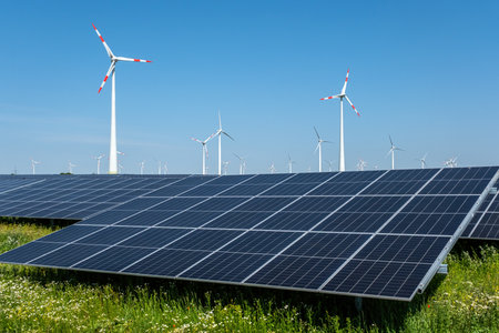 Wind turbines and solar panels seen in Germanyの写真素材