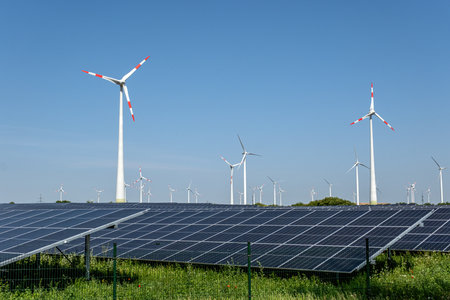 Solar panels and wind turbines seen in Germanyの写真素材