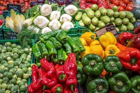 Bell pepper, sprouts and other vegetables for sale at a marketの写真素材