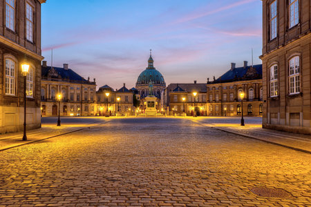 Amalienborg Palace and the Marble Church in Copenhagen, Denmark, at twilightの写真素材