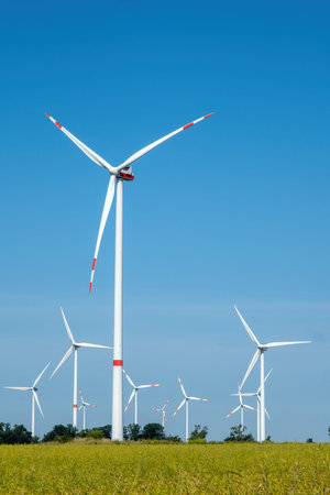 Modern wind energy plants in a cornfield lake in Germany