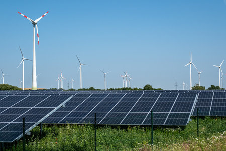 Wind turbines and solar panels seen in Germanyの写真素材