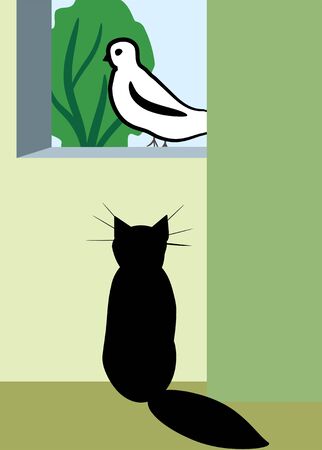 Cat and bird in the window illustrationのイラスト素材