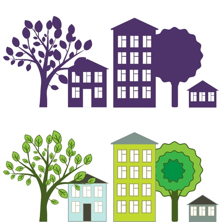 City illustration with houses and treesのイラスト素材