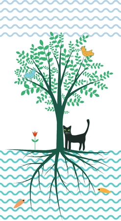 Tree of life illustration with birds and catのイラスト素材