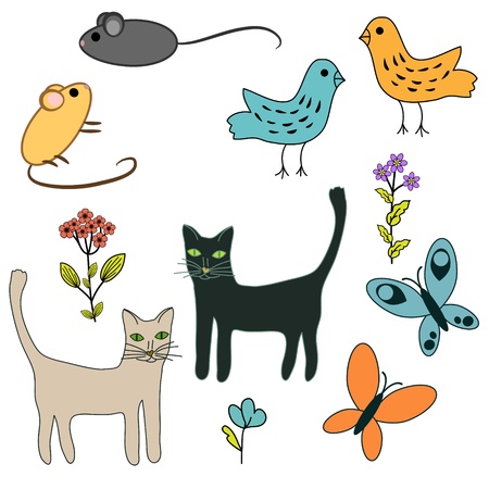 Hand drawn animals and flowers setのイラスト素材
