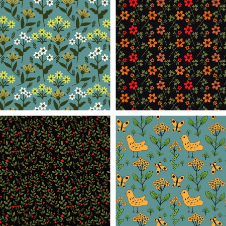 Seamless patterns with flowers and birdsのイラスト素材