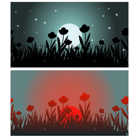 Two banners with morning and night landscapeのイラスト素材