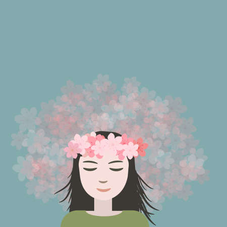 Girl with pink flower wreathのイラスト素材