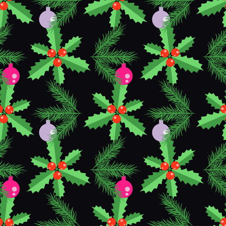 Seamless decorative pattern with holly and fir branchのイラスト素材