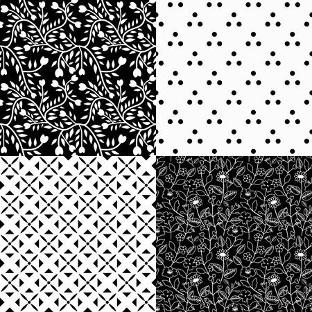 Seamless black and white floral and geometric patternsのイラスト素材