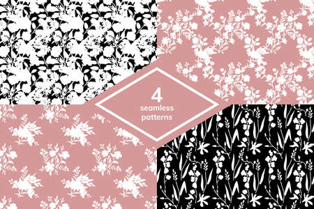 Pink and black and white floral patterns setのイラスト素材